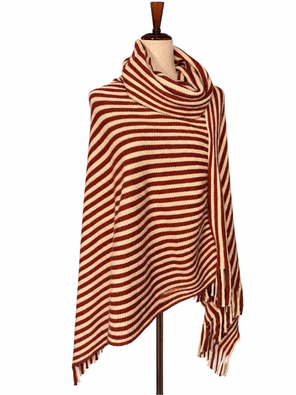 Red & white striped turtleneck poncho- contrasting stripes, fringe, campfire. OS